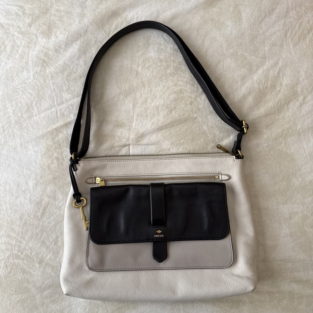 Fossil Black, Beige And Tan Leather Crossbody Purse Gold Tone Hardware